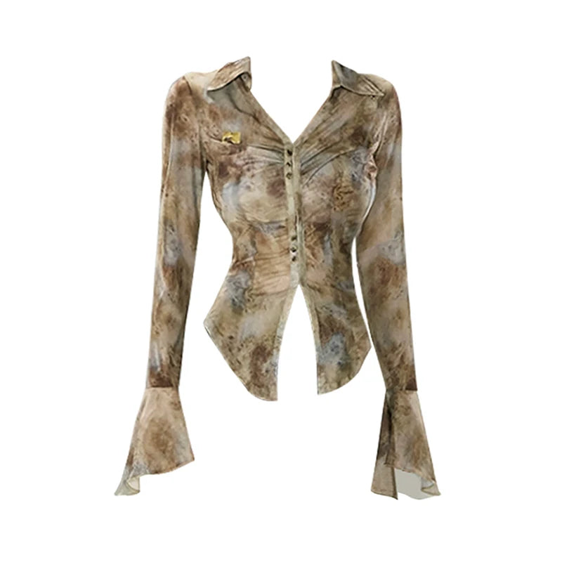 Women's Vintage Print Shirts and Blouses Korean Style Harajuku Elegant Fashion Ladies Long Sleeve Shirt Top Clothes Summer 2023