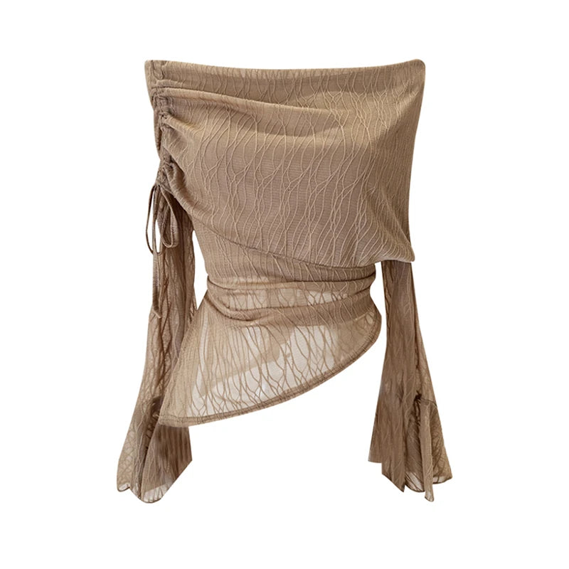 Women's Khaki Slash Neck T-shirt Harajuku Korean Y2k Tee Top 2000s Clothes Aesthetic Fashion Long Sleeve Vintage T-shirts Autumn