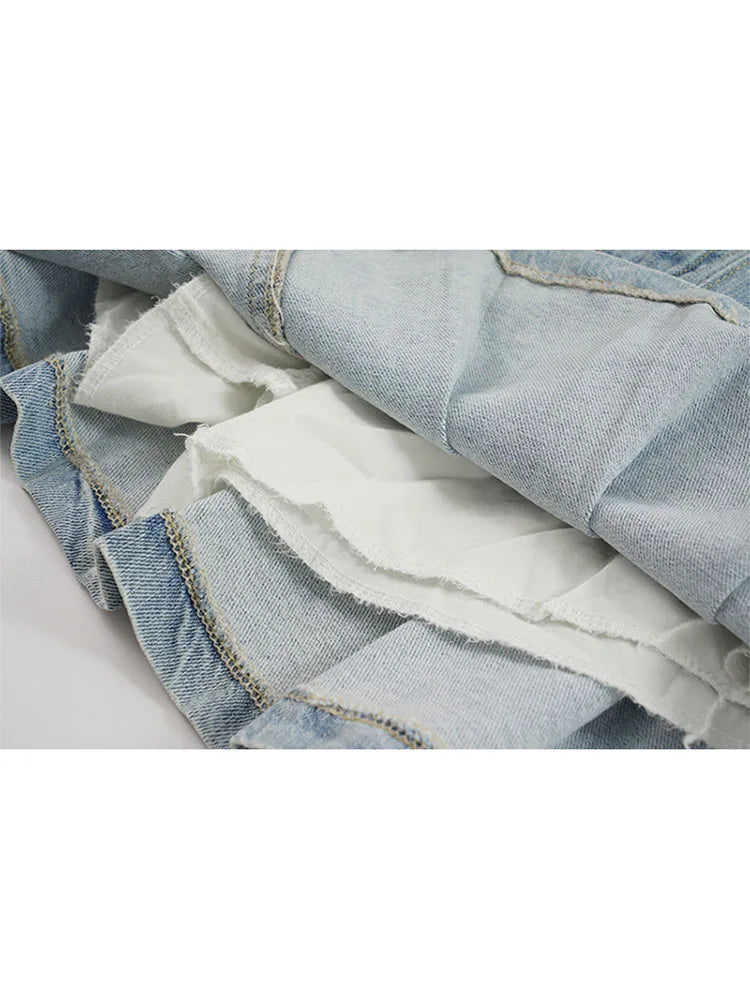 High Waist Denim Mini Skirt Women Korean Vintage New Fashion Slimming Versatile Denim Button Lotus Leaf Pleated Skirts Female