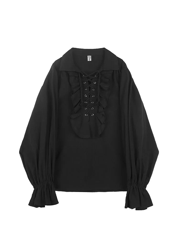 Fall Fashion Vintage Gothic Shirt Women Flare Sleeves Ruffles Oversize Club Party Evening Girl Lolita Black Blouse V-neck Tops