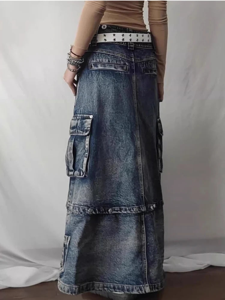 Women Blue A-line Denim Cargo Skirt Y2k Long Cowboy Skirts 90s Aesthetic Harajuku Korean Emo Jeans Skirt 2000s Vintage Clothes