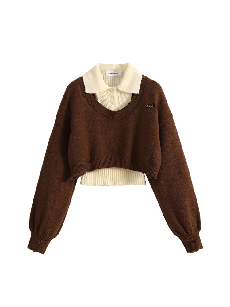 Women Two-piece Set Coffee Pullover Sweater Aesthetic Y2k Elegant Vintage Long Sleeves Knitted Jumper Sweater 2000s Clothes 2024