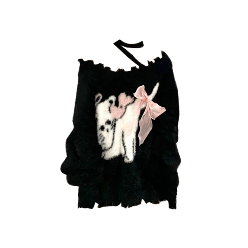 Women's Black Gothic Pullover Knitted Sweater Elegant Harajuku Y2k Long Sleeves Oversize Sweaters Jumper Vintage 2000s Clothes