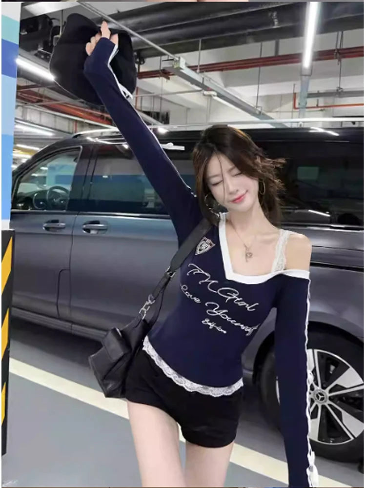 Women's Navy Lace T-shirt Harajuku Korean Y2k Tee Top Vintage 90s Off Shoulder Long Sleeve Letter Print T-shirts 2000s Clothes