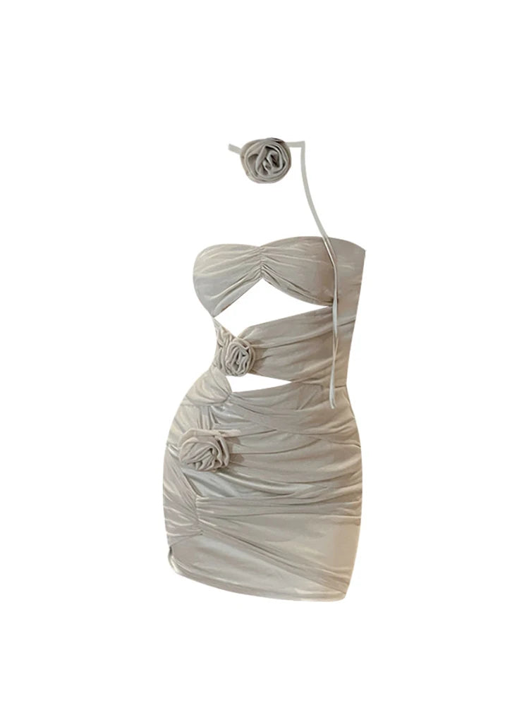 Straps Mini Dress Elegant Fashion Sexy Outfits Night Club Party Summer 2023 Bodycon Sleeveless Hollow Out Rose Dresses Vestidos