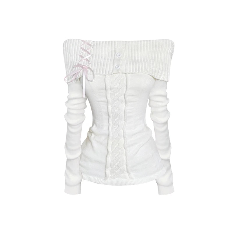 Women White Vintage Pullover Knit Sweater Y2k 90s Aesthetic Harajuku Elegant Long Sleeves Sweaters Fashion 2000s Clothes Autumn