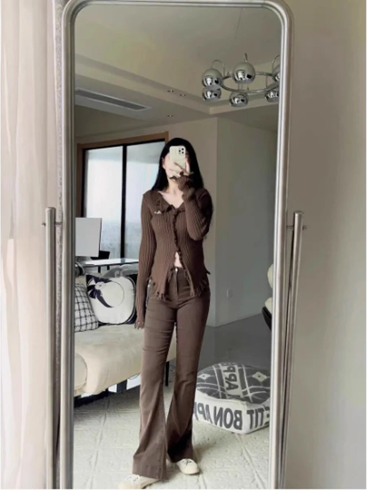 Women Brown Cardigan Knitted Sweater Harajuku Korean Y2k Long Sleeves V-Neck Sweaters Jumper Fashion Vintage 2000s Clothes 2024