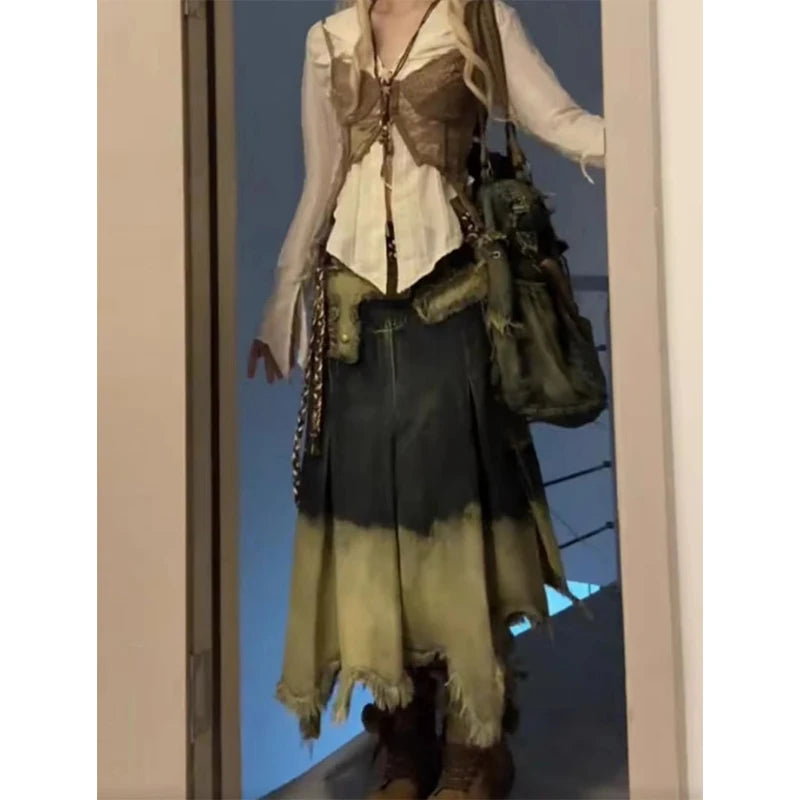 Women Denim Long Skirt Harajuku Y2k 2000s Vintage Skirts 90s Aesthetic Streetwear Fashion Korean Style A-Line Jean Skirt Clothes