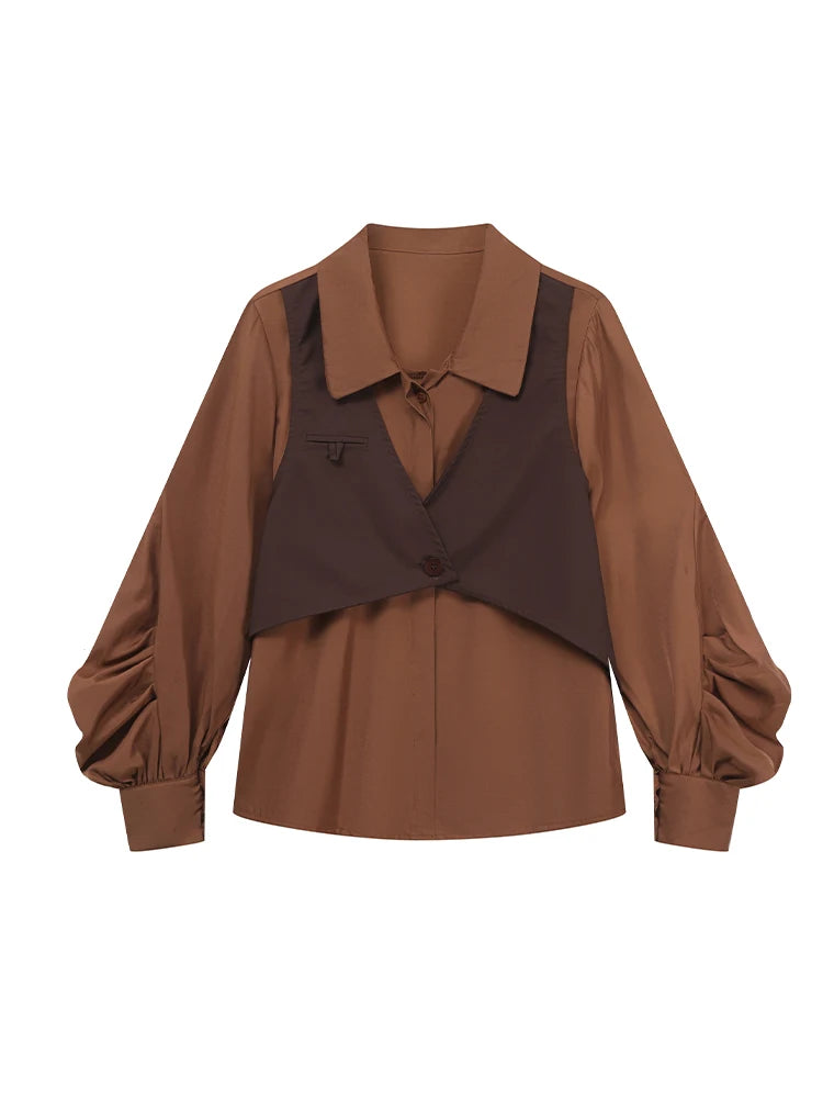 Women's Y2K Retro Coffee Brown Polo Neck Blouse - 90s-2000s Vintage Long Sleeve Elegant Top Autumn 2025