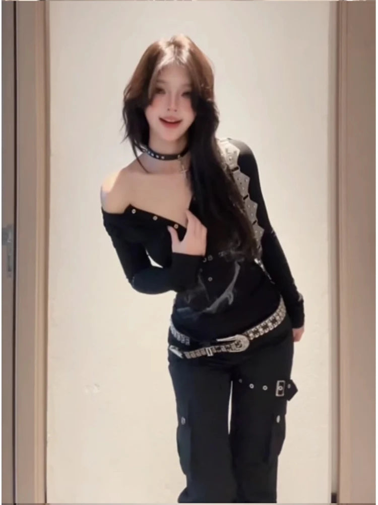 Women Black Gothic T-shirt Harajuku Korean Y2k Tee Top 90s Vintage Long Sleeve Emo Crop Top 2000s Coquette Fashion Clothes 2024