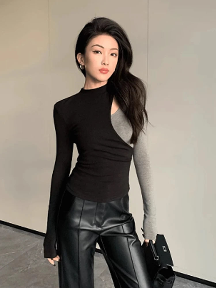 Women Black Grey Patchwork T-shirt Harajuku Korean Y2k Vintage 90s Tee Tops Long Sleeve Slim T-shirts 2000s Emo Coquette Clothes