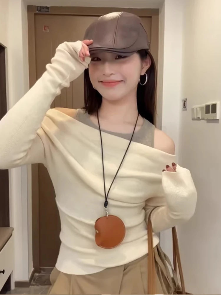 Women's Apricot T-shirt Harajuku Korean Y2k Tees Top Vintage 90s Aesthetic Long Sleeve Slash Neck T-shirts 2000s Clothes Autumn