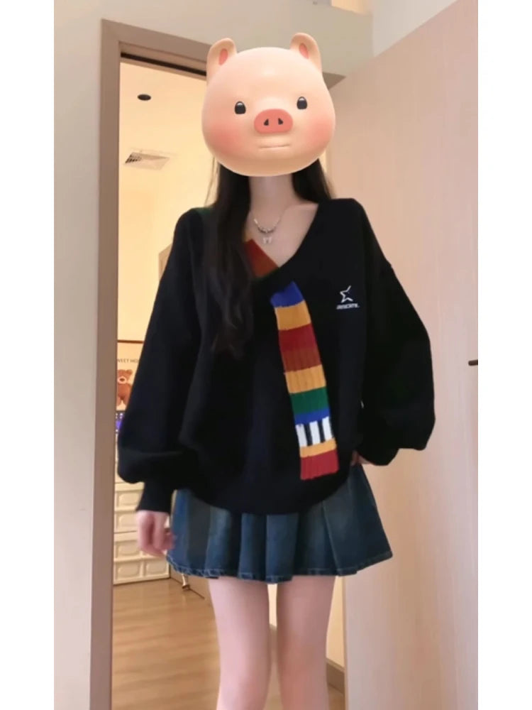 Women's Black Gothic Pullover Sweater Harajuku 90s Vintage Korean Y2k Long Sleeves Cashmere Sweaters Jumper 2000s Clothes Autumn