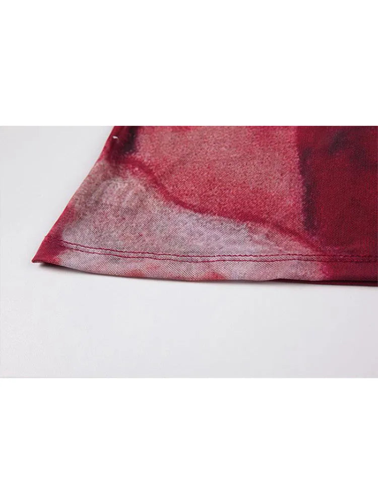 Tie Dye Mesh High Neck Hand Painted Printed Women Top 2022 Summer Fashion Sleeveless Slim T Shirt Lady Holiday Beach Style Tops