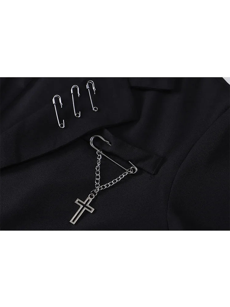 Gothic Punk Cardigan Black Blazer Jacket Coat Women 2022 Summer Short Sleeve High Street Fashion Outerwear Loose Chain Goth Tops