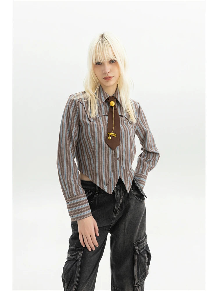 Women Striped Shirts Blouses Vintage Harajuku 90s Aesthetic Y2k 2000s Elegant Polo-Neck Long Sleeve Shirts 2000s Clothes Autumn