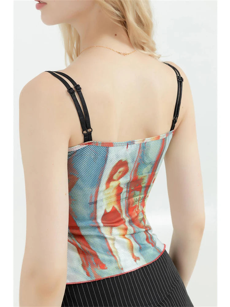 Sexy Slim Spaghetti Strap Camisole Graphic Print Tank Top Y2K Female Vintage Fashion Off Shoulder Vest Women's Crop Top Summer