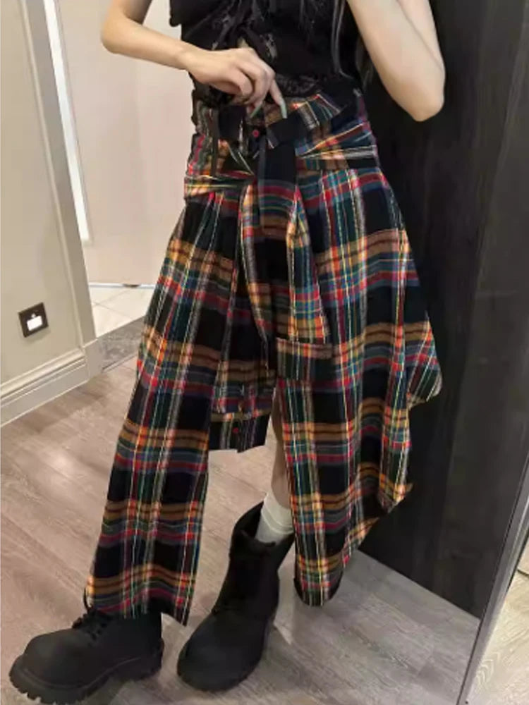 Women's A-line Plaid Skirt Vintage Aesthetic Y2k Long Skirt Harajuku Streetwear Emo Asymmetrical Skirt 2000s Clothes Summer 2024