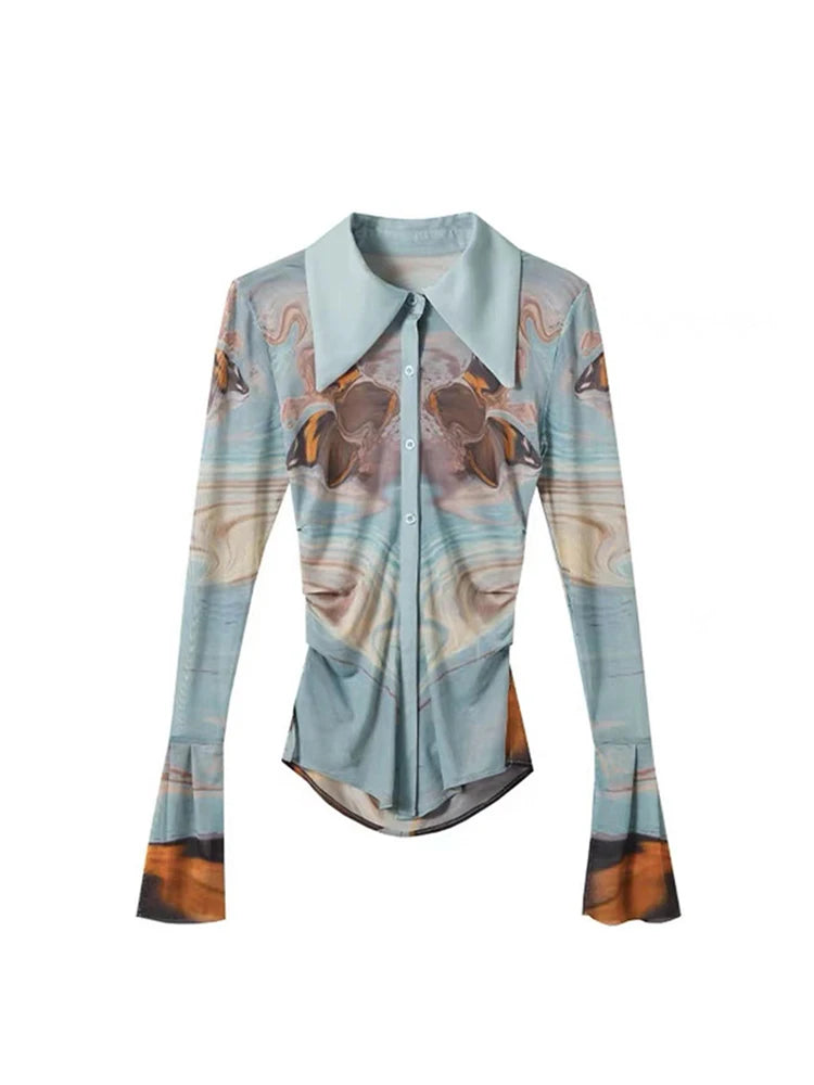 Women Print Shirts and Blouses Korean Style Harajuku Streetwear Ladies Vintage Long Sleeve Shirt Blusas Top Clothes Summer 2023