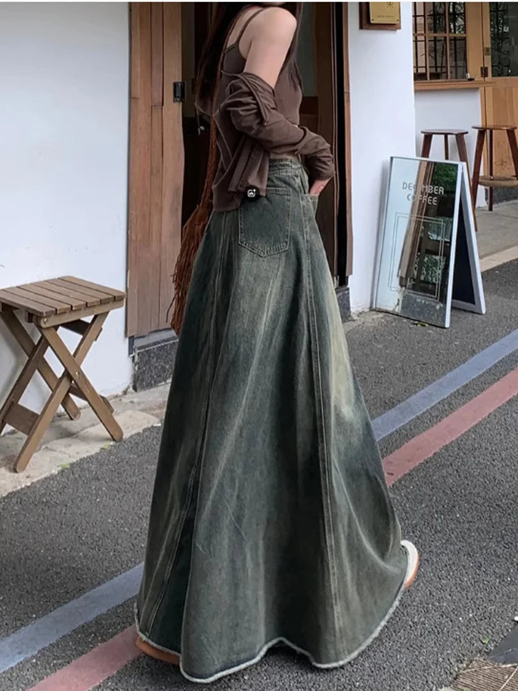 Women Blue Y2k A-line Jeans Skirt Elegant Harajuku Long Denim Skirts Streetwear 90s Aesthetic Vintage Cowboy Skirt 2000s Clothes