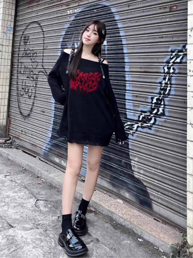 Women's Black Gothic Pullover Knitted Sweater Harajuku Korean Y2k Long Sleeves Jumper Sweaters Vintage 2000s Clothes 2024 Autumn