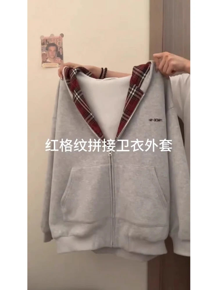 Women's Grey Sweatshirt Vintage Streetwear Korean Fashion Harajuku 90s Aesthetic Red Plaid Hoodies Sweatshirt Top Clothes Autumn