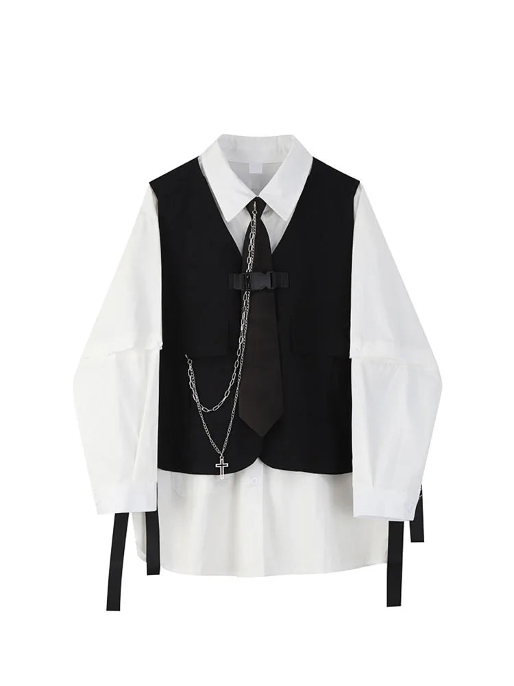 2022 Spring Autumn Women's Two-Piece Sets Streetwear Fashion Tooling Style Vest And Solid Loose Long Sleeve Shirts Female Suit