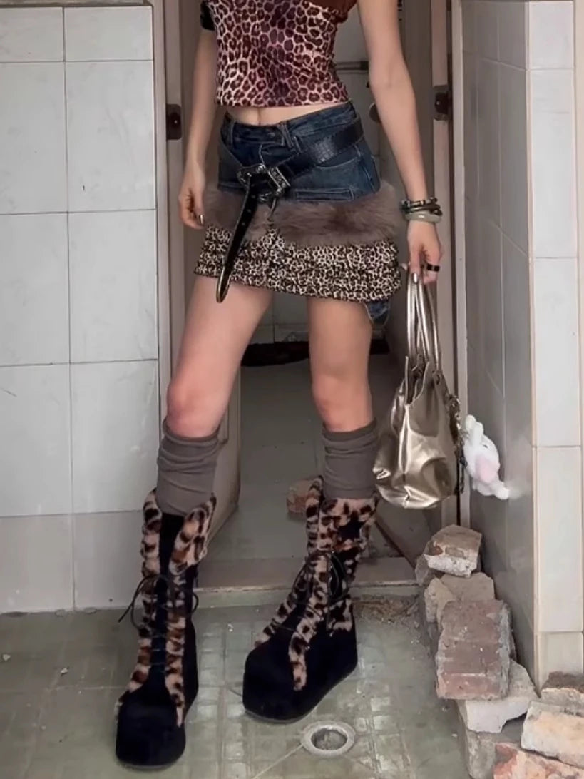 Women's A-line Leopard Print Skirt Vintage 90s Aesthetic Y2k Cargo Skirt Harajuku Korean Jeans Skirt Emo 2000s Clothes Summer