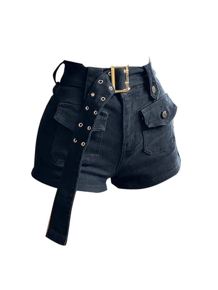 Vintage Women's Denim Shorts Hight Waisted Y2k Casual Jeans Cargo Pants Gothic Black Hot Short Jeans With Belt 2023 Summer New