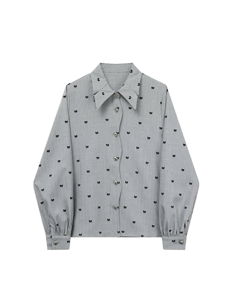 Women Grey Bow Print Shirts and Blouses Y2k 90s Vintage Korean Harajuku 2000s Elegant Long Sleeve Polo-Neck Shirt Trashy Clothes
