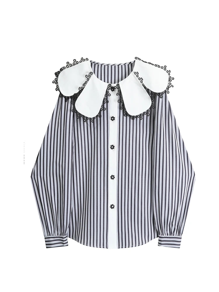 Women's Striped Blouse Shirt Tops Korean Vintage Fashion Shirt Y2k Kawaii Peter Pan Collar Long Sleeve Shirt Ladies Autumn 2023