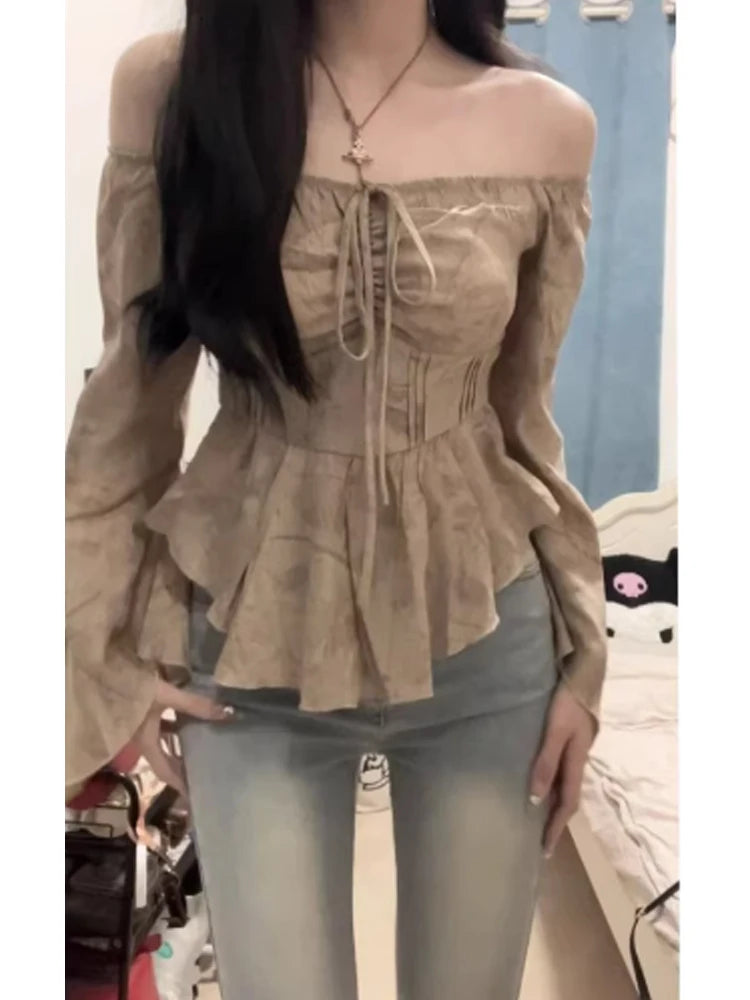 Women T-shirt Harajuku Korean Y2k Tee Top 90s Aesthetic Streetwear Vintage Long Sleeve Slash Neck T-shirt 2000s Fashion Clothes