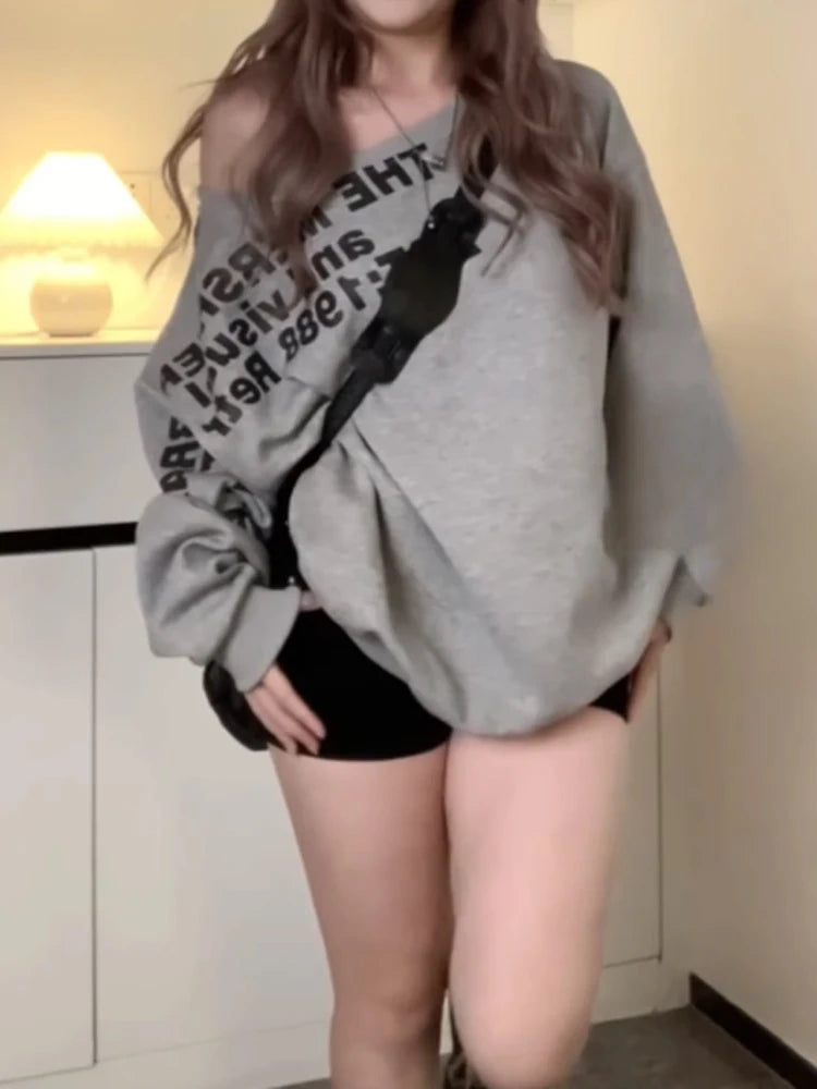Women Grey Letter Print Long Sleeve Sweatshirt 90s Aesthetic Vintage Streetwear Harajuku Oversize Sweatshirt Clothes Autumn 2024