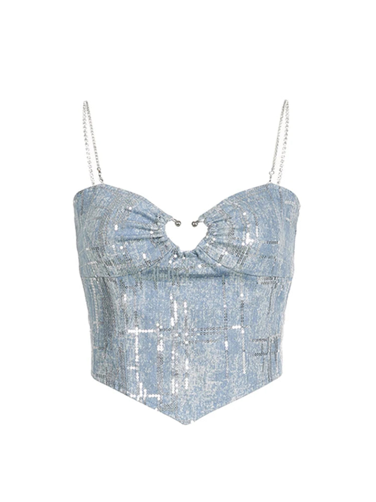 Women's Summer Chain Strap Crop Top Sexy Y2k Casual Chic Vintage Off Shoulder Hollow Out Sequins Blue Tank Top Vest Korean 2023