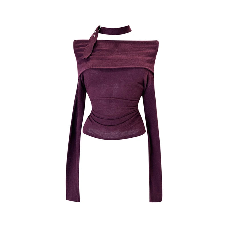 Women's Slash Neck T-shirt Korean Y2k 90s Tee Top Harajuku 2000s Vintage Streetwear Aesthetic Purple Long Sleeve T-shirt Clothes