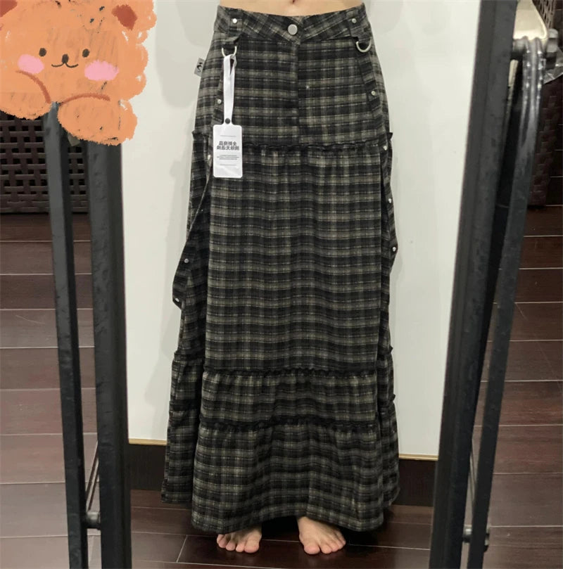 Women's Plaid A-line Skirt Vintage 90s Aesthetic Y2k Long Skirts Harajuku Korean Skirts 2000s Female Fashion Clothes Summer 2024
