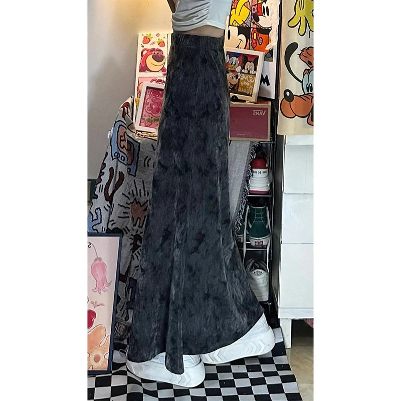Women Black Gothic A-line Long Skirt Vintage Y2k Skirt Harajuku Korean Streetwear Tie-Dyed Skirts 2000s Goth Clothes Summer 2024