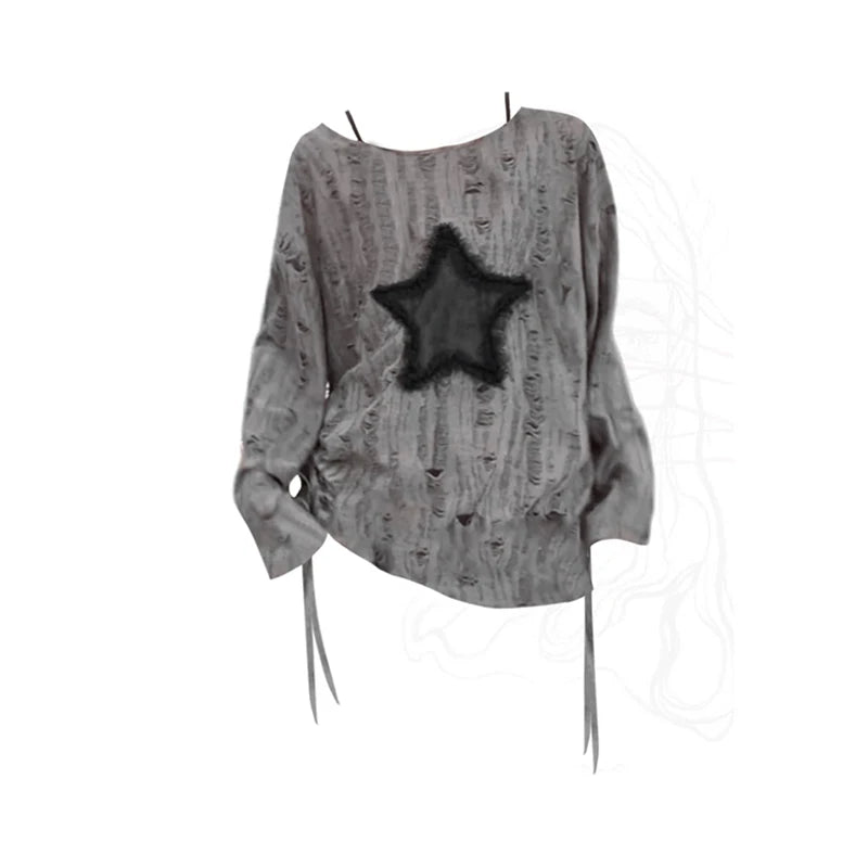 Women Grey Star T-Shirt Korean Y2k Torn T-Shirt 90s Fashion Vintage Tee Top Long Sleeve Emo 2000s Aesthetic T Shirts 2023 Autumn