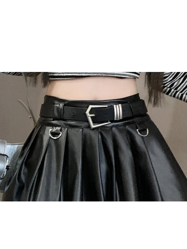 Women Black A-line Leather Skirt Vintage Aesthetic Y2k Pleated Skirt Harajuku Korean Gothic Mini Skirt Emo 2000s Clothes Summer