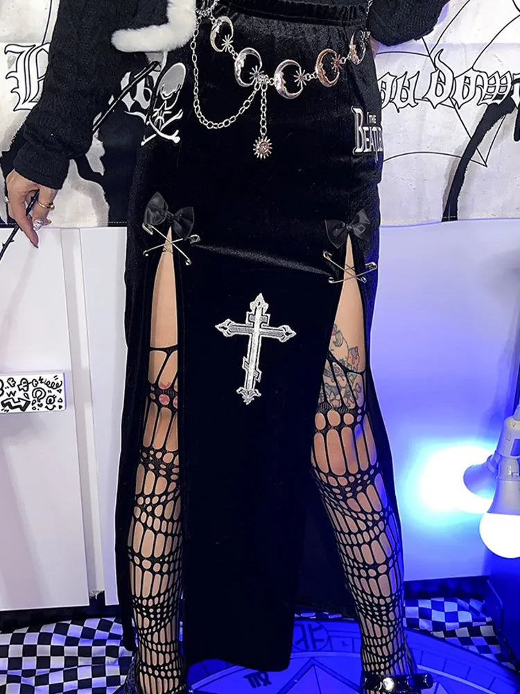 Goth Vintage Black High Split Skirts Aesthetic Sexy High Waist Bow Bodycon Long Skirt Elegant E Girl Punk Partywear Clothes Y2k