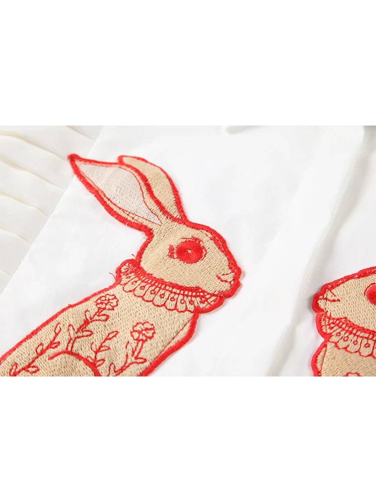 Women Vintage Rabbit Printed Shirt Single Breasted Streetwear Sweet Chic Fashion Oversized Loose Female All-match Blouses Tops