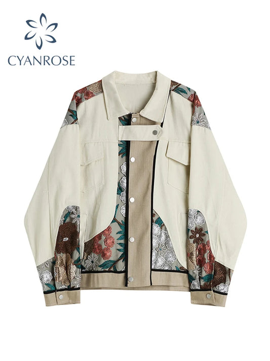 Women Jean Jacket Lace Patchwork Trendy Oversized Embroidered Denim Coat 2021 Autumn Female Vintage Streetwear Casual Jacket Top