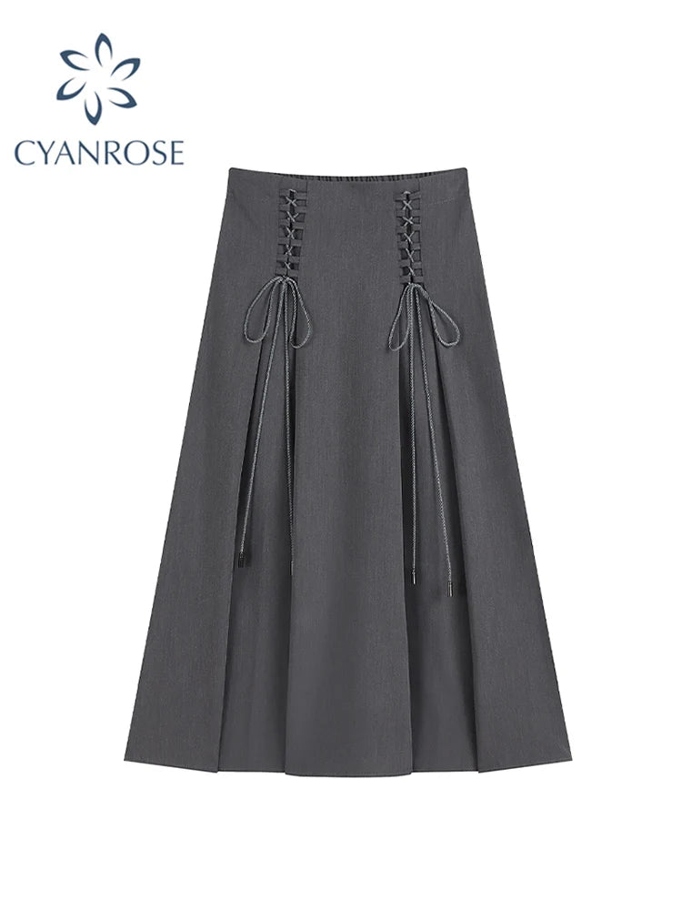 Female Vintage y2k Long Skirts Lace Up High Waisted Straight Skirts Autumn Women All-match Korean Style Elegant Party Trendy