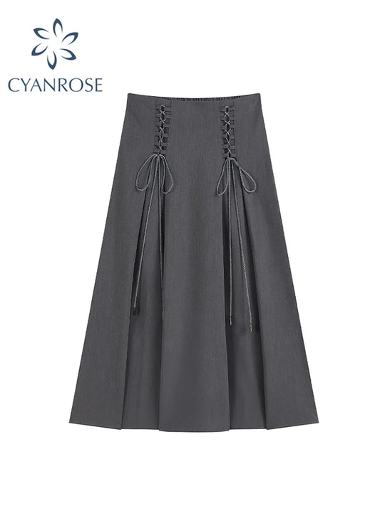 Female Vintage y2k Long Skirts Lace Up High Waisted Straight Skirts Autumn Women All-match Korean Style Elegant Party Trendy
