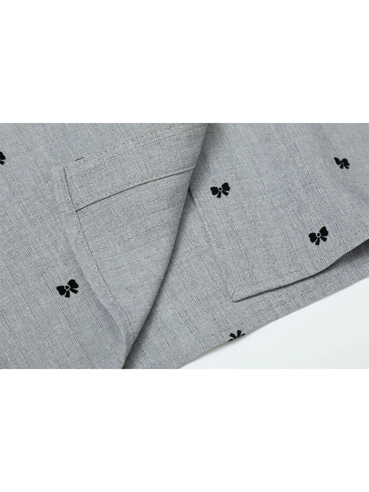 Women Grey Bow Print Shirts and Blouses Y2k 90s Vintage Korean Harajuku 2000s Elegant Long Sleeve Polo-Neck Shirt Trashy Clothes