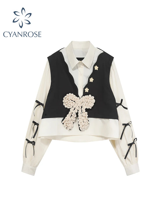Women's Y2K Vintage Korean Harajuku Patchwork Blouse - Long Sleeve Bow Detail 2025 Retro Elegant Top