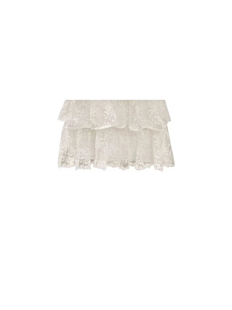 Women Apricot A-line Lace Skirt Vintage Fashion Streetwear Aesthetic Y2k Long Skirt Harajuku Korean Skirts 2000s Clothes Summer