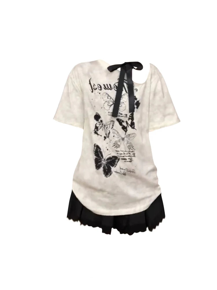 Women Short Sleeve Graffiti Print T-shirt Harajuku Korean Y2k Tee Top Aesthetic Streetwear Vintage T-shirts 2000s Clothes Summer