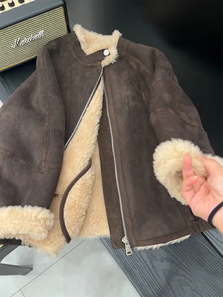 Women Coffee Shearling Jacket Coat Vintage Black Motorcycle Jacket 90s Fashion Streetwear Korean Loose Leather Outerwear Clothes