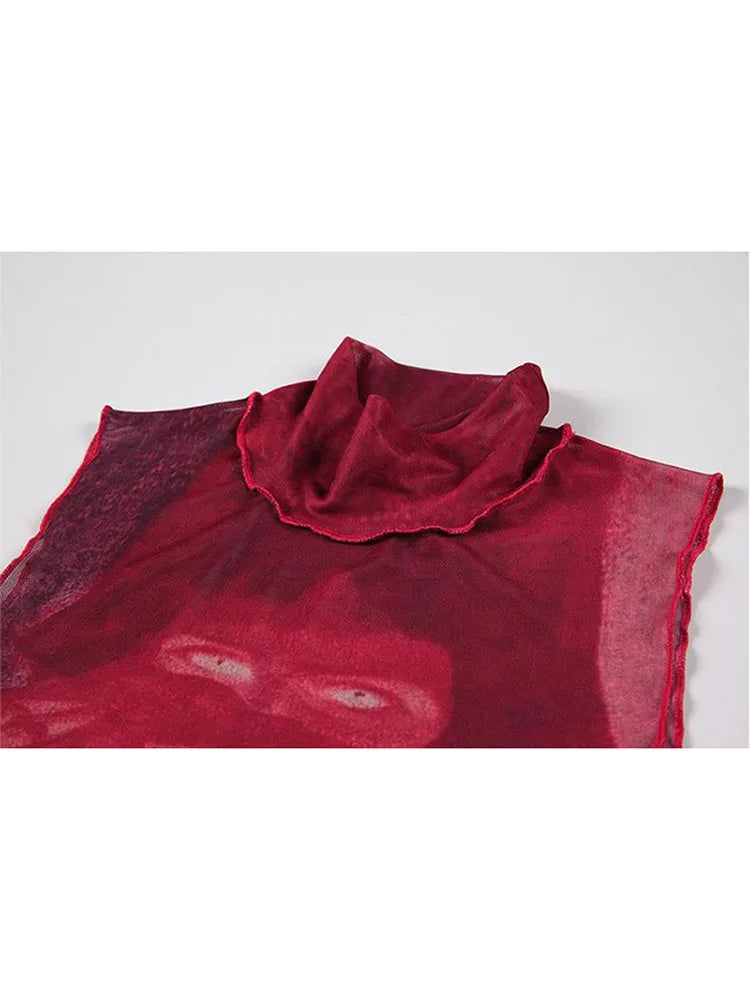 Tie Dye Mesh High Neck Hand Painted Printed Women Top 2022 Summer Fashion Sleeveless Slim T Shirt Lady Holiday Beach Style Tops